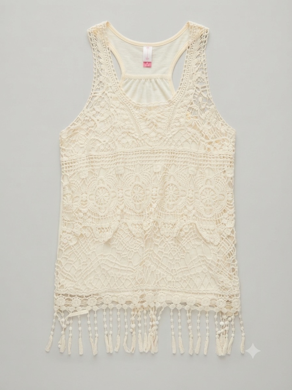 Girls Cream Crochet Lace Fringe Tank Top